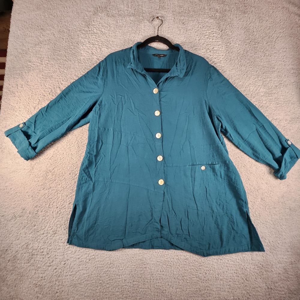 John Mark Tunic Top‎ Womens L Blue Button Up Adjustable Collar Roll Tab Sleeves